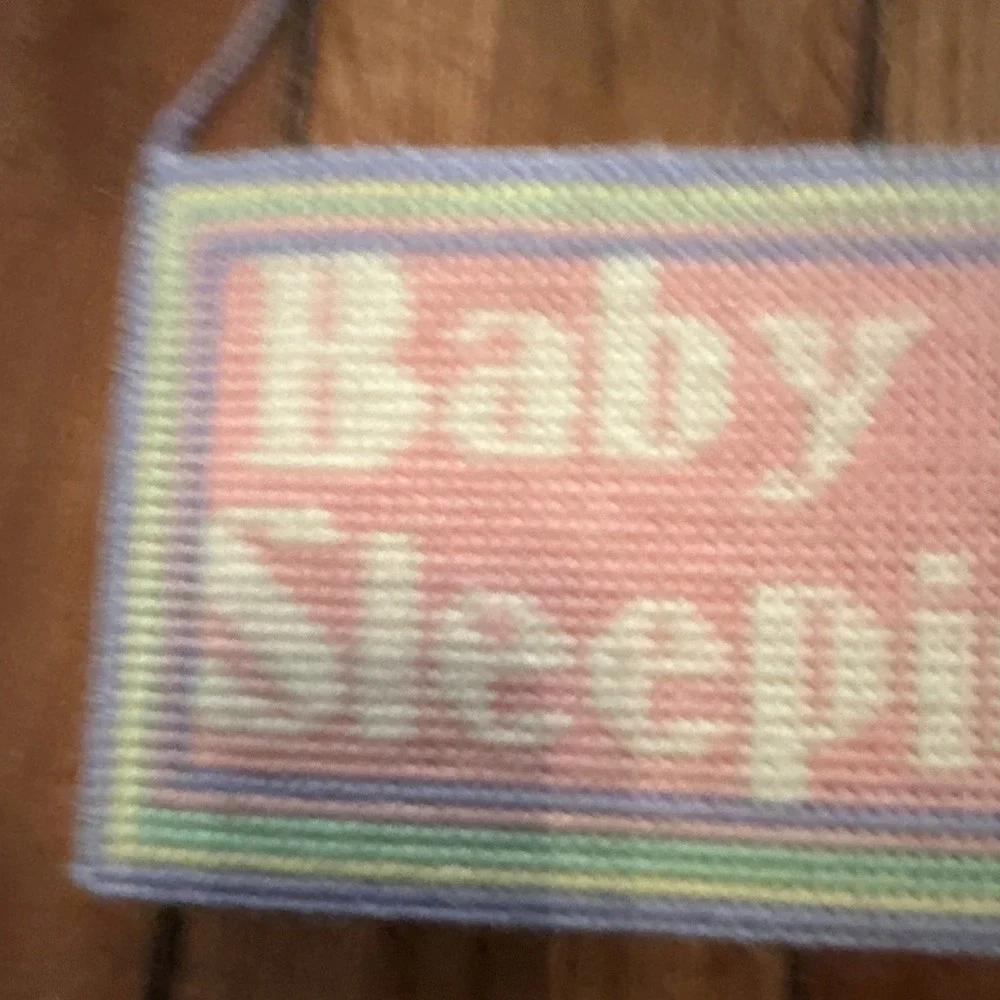 Vintage Needlepoint Handmade‎ Baby Is Sleeping Hanging Sign 70s Nursery Decor